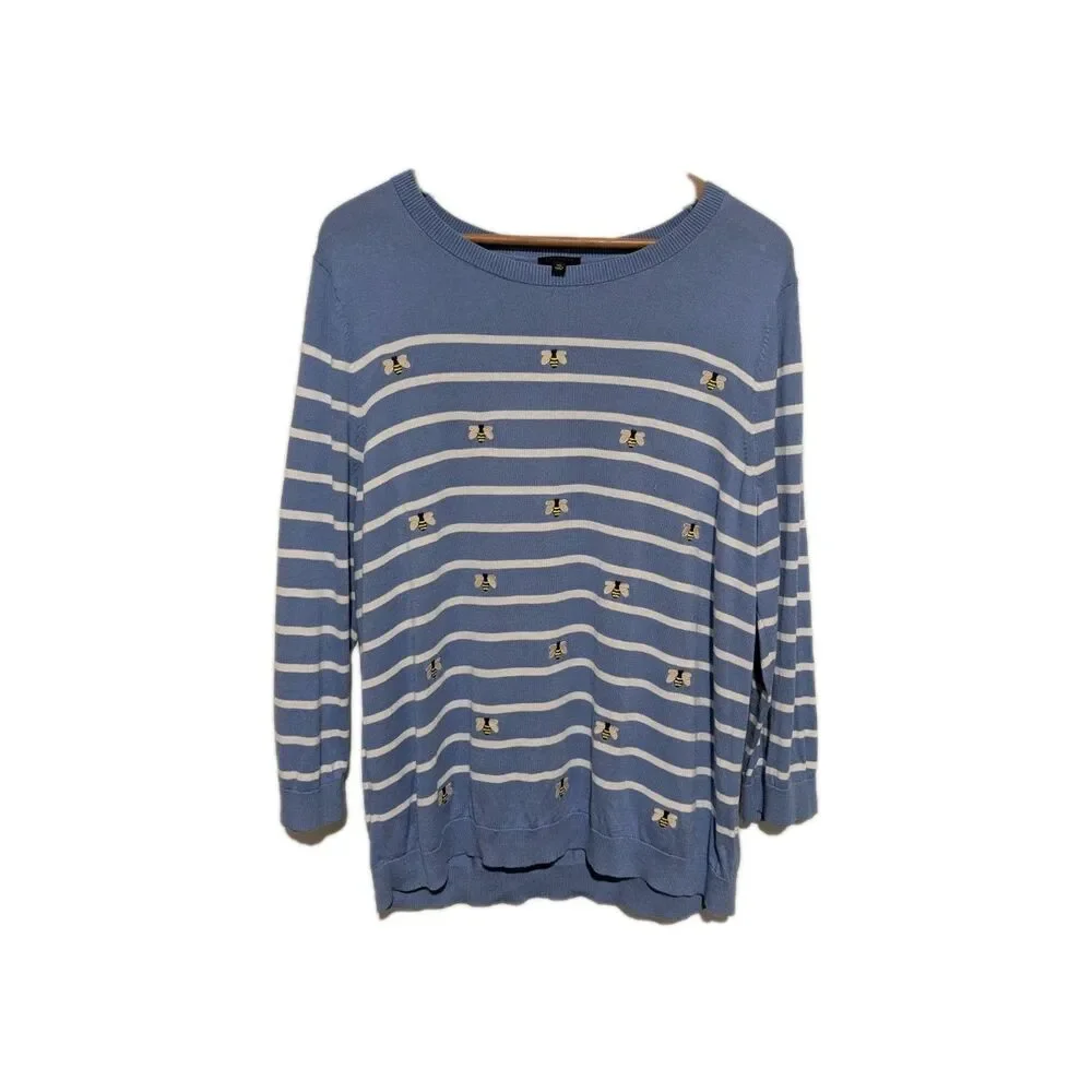 Talbots Sweater Women Medium Blue Striped Bumble Bee Crewneck Pullover XL